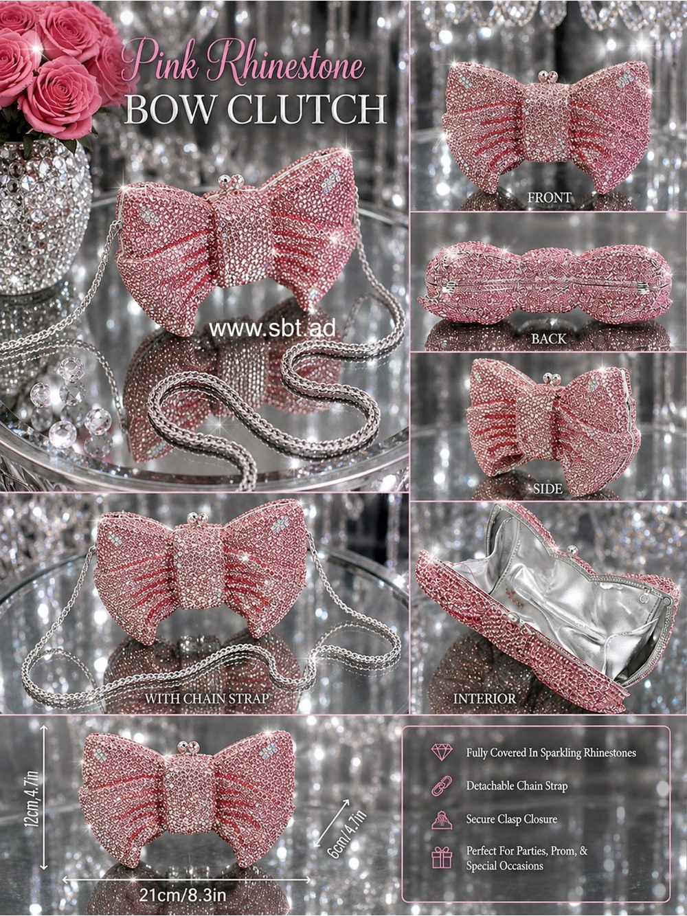 NWT Bow Clutch Purse Sparkling Bling Swarovski Crystal Rhinestone Bag +Gift - Picture 7 of 14